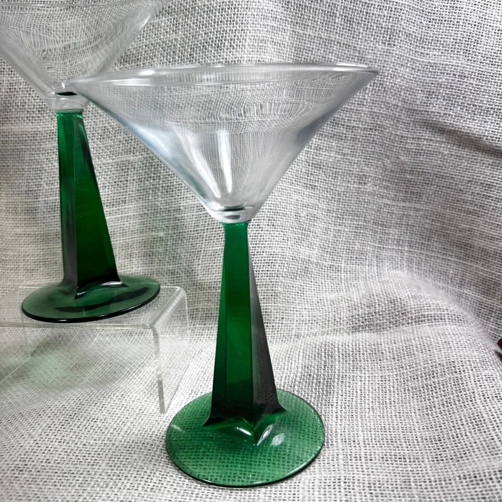 Bombay Emerald Green Twisted Pyramid Stem Martini Glasses Set of 3 Vintage